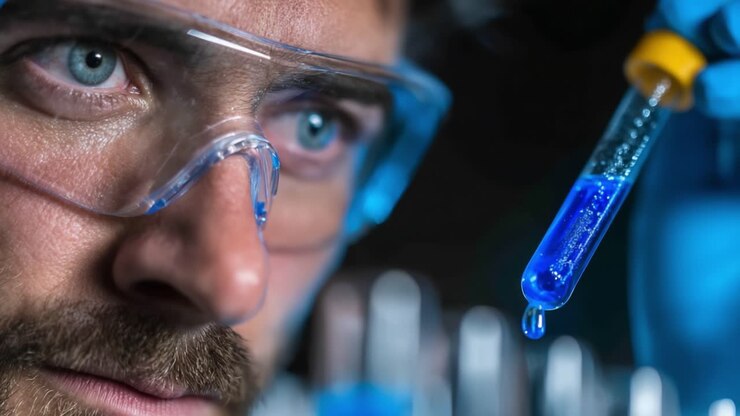 Uno scienziato concentrato esamina una provetta contenente un vivace liquido blu, mettendo in mostra la precisione e l'attenzione ai dettagli nella ricerca e nella sperimentazione di laboratorio