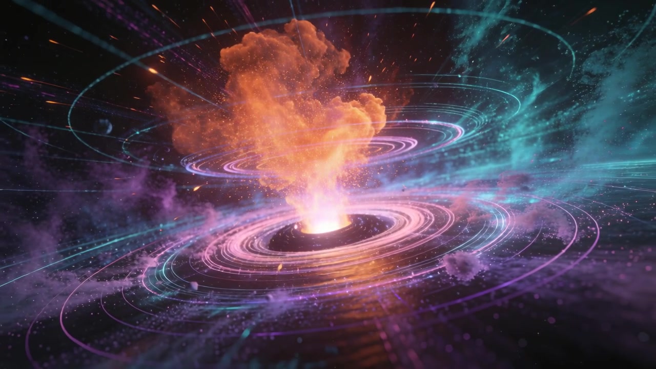 Un nucleo pulsante emette un pennacchio arancione, con anelli che ruotano, mentre la telecamera si inclina per mostrare i dettagli in CGI.