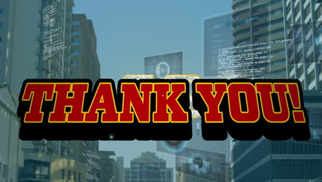 animation of thank you text and data processing over cityscape