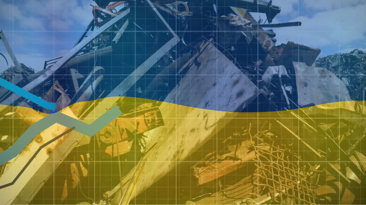 Animazione della bandiera dell'Ucraina e grafici a linee che si muovono su rottami metallici in una discarica