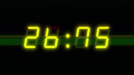 4-digit, 30 second digital clock countdown timer. yellow numbers on black background. retro digital alarm clock with glitches and vhs distortion effects