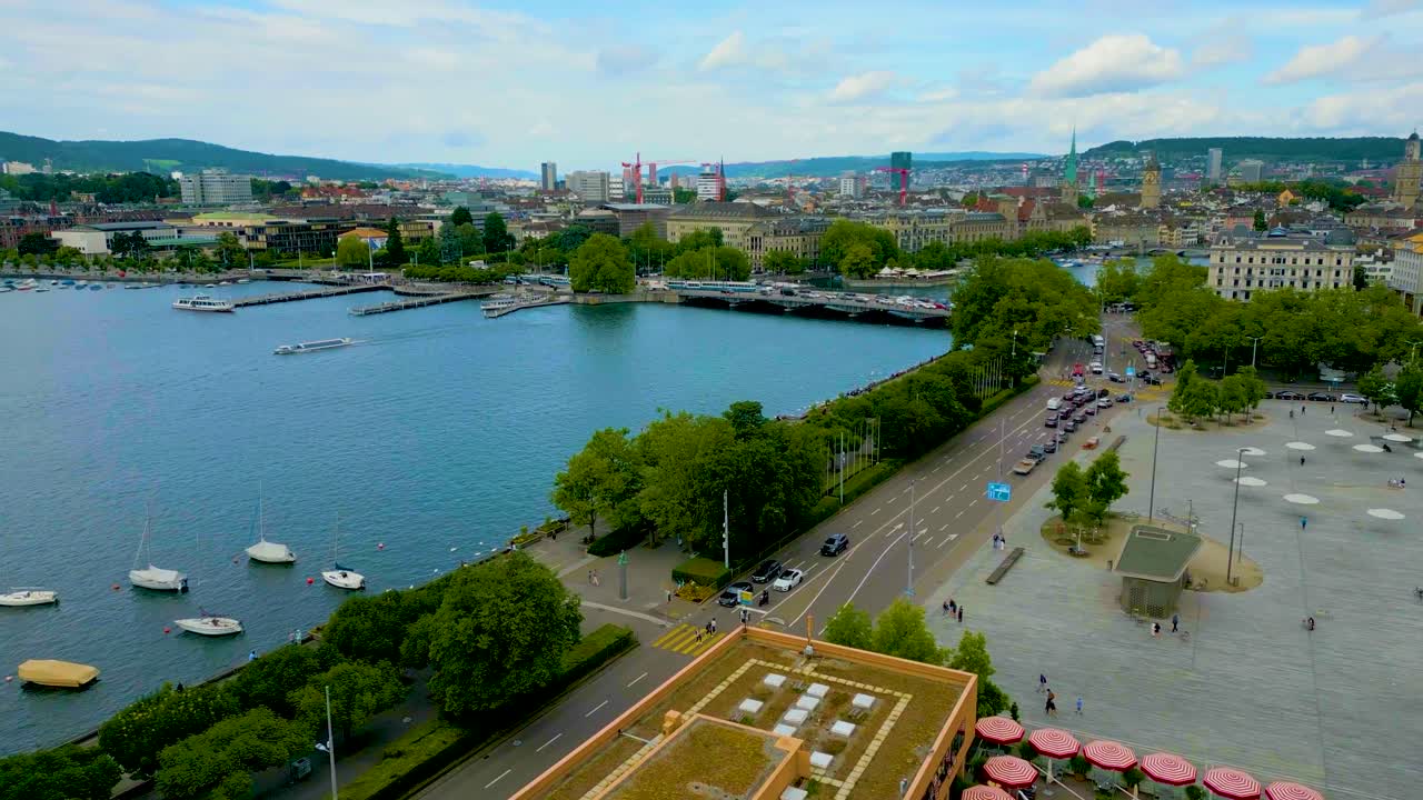 4K Drone Video of the Zürich Opera House on the banks of the Limmat River in Downtown Zurich, Switzerland