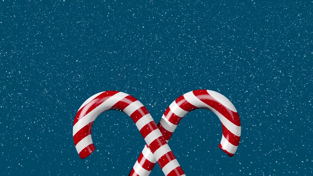 Animazione di nevicata e bastoncini di zucchero su sfondo blu