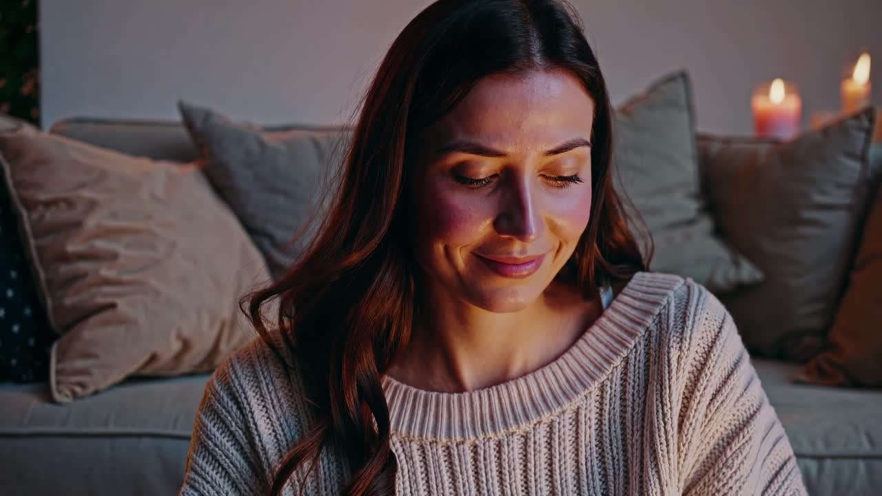 A cozy, warm-toned video close-up of a woman smiling at her phone, with a soft-focus background