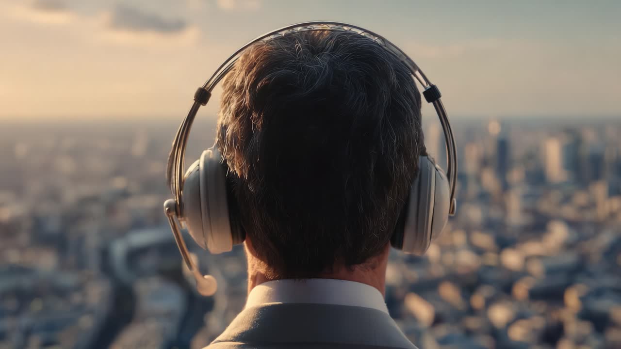 A Professional Individual Engaged with Headphones in an Urban Landscape, Captured from Behind as They Experience the View Overlooked by the Cityscape