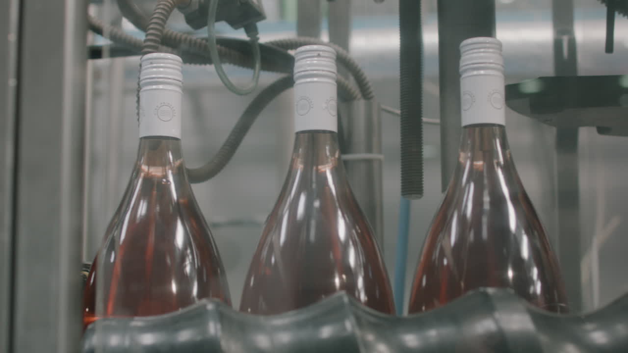 Medium shot captured in a factory, showing an orderly row of fully filled glass bottles of wine on a production line.