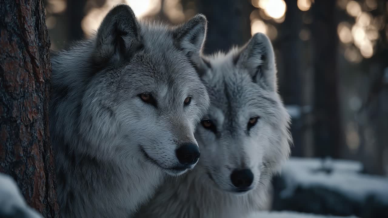 Un Cautivador Primer Plano de Dos Majestuosos Lobos en un Sereno Paisaje Invernal, Mostrando sus Cautivadoras Características y su Vínculo en un Entorno de Bosque Nevado.