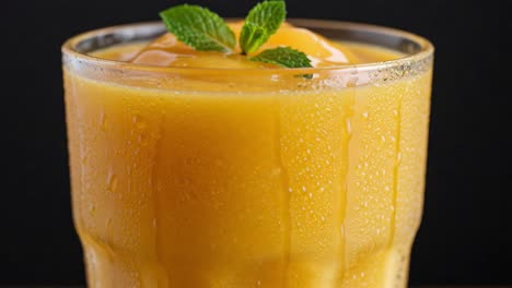 refreshing mango juice in a glass with a garnish of fresh mint leaves, perfect for a hot day and enjoyed by all ages for its sweetness and bright color