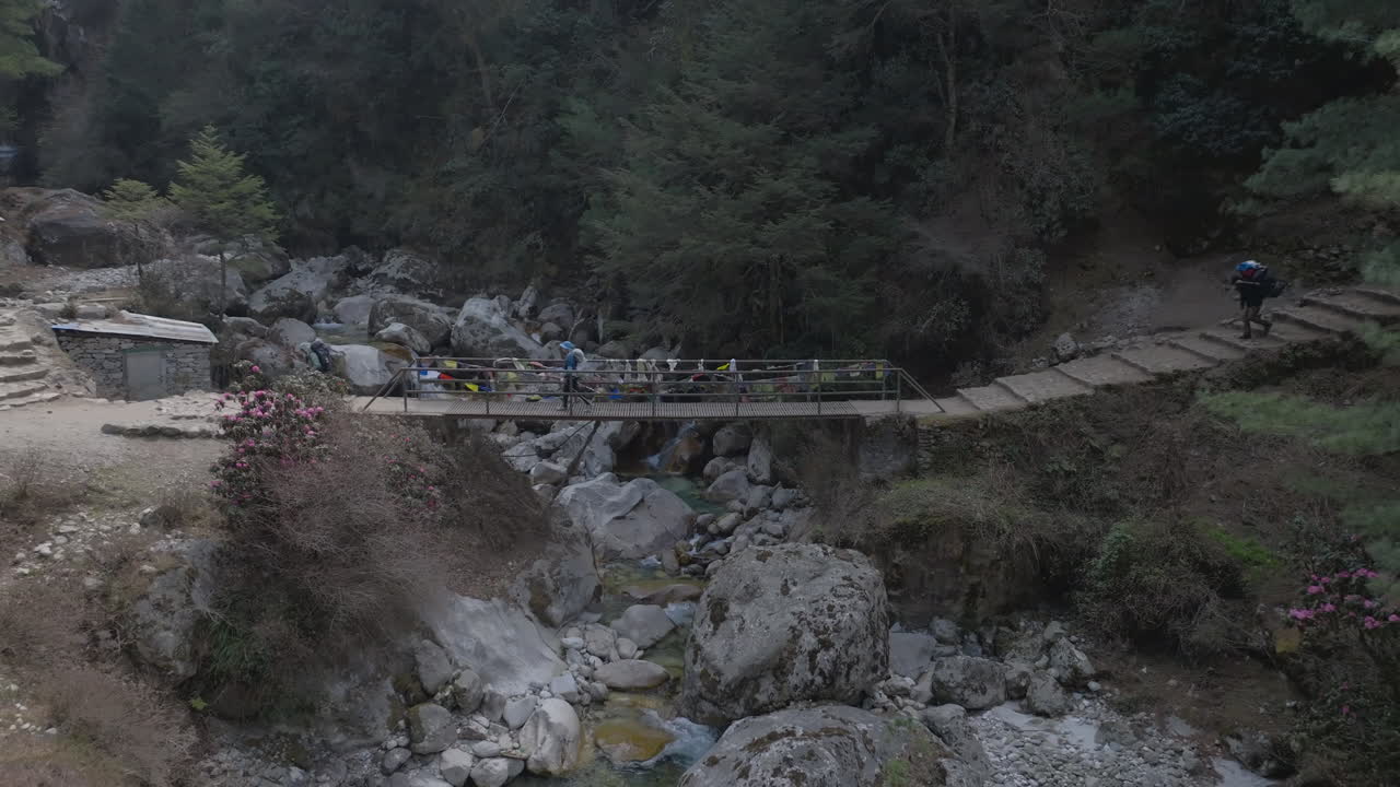 Aerial view of tourists with local guides crossing bridge in Nepal’s Everest region, surrounded by serene hills and adventure trail under Himalayan sky