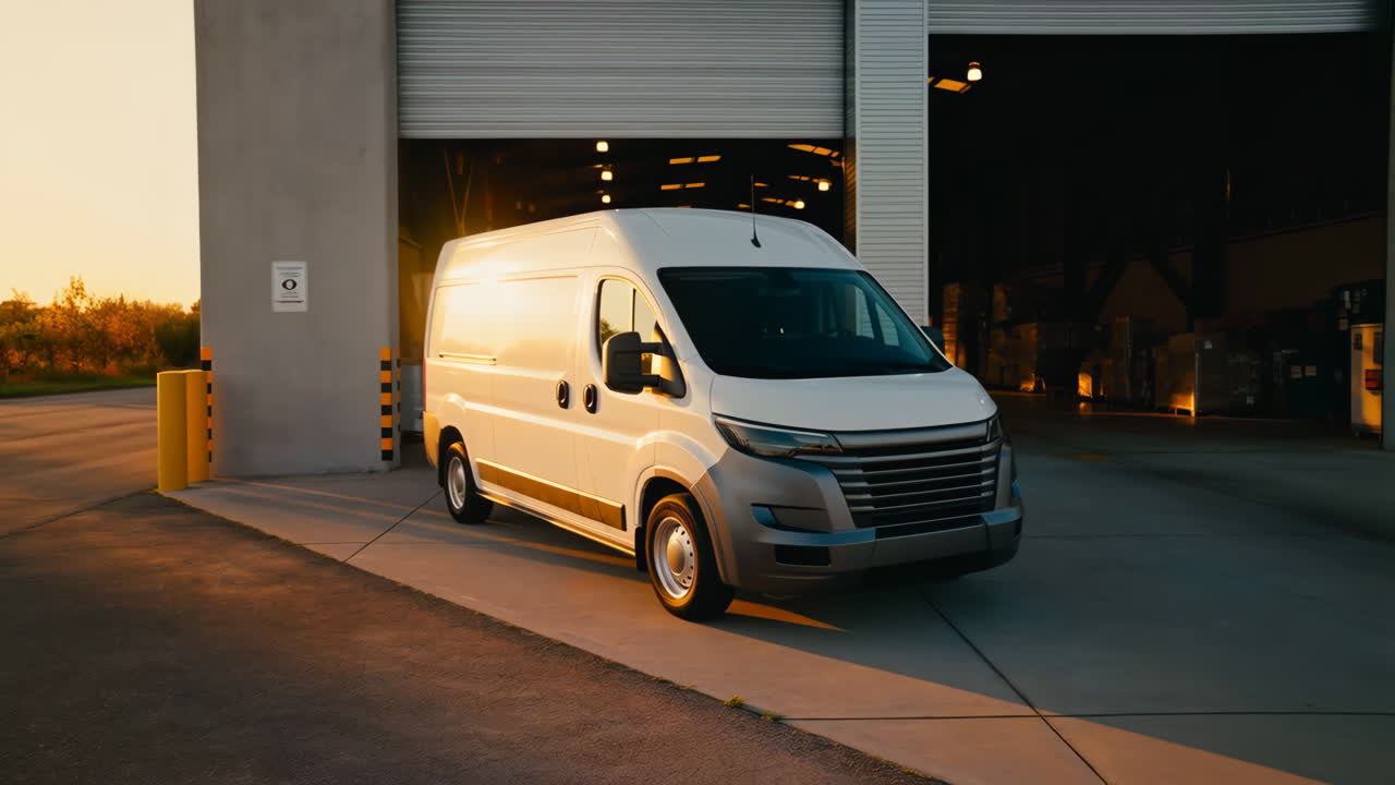 White Delivery Van at a Warehouse Loading Dock at Sunset