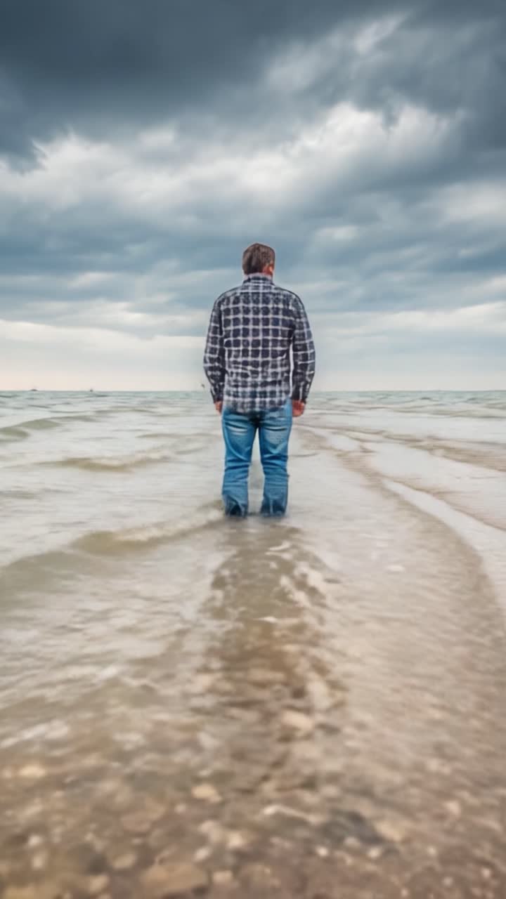 Una figura solitaria guada le acque tranquille di una spiaggia sotto un cielo nuvoloso, catturando un momento di riflessione e connessione con la natura in un ambiente sereno.
