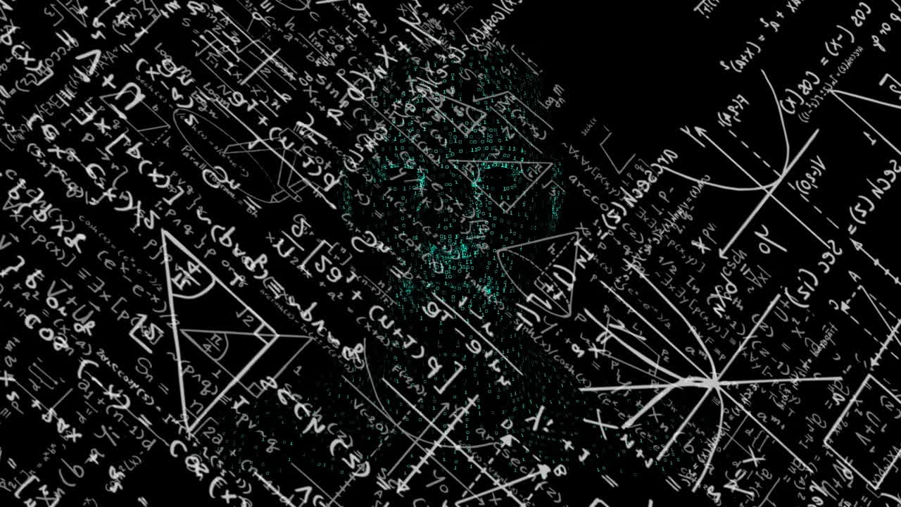 animación de la cabeza digital humana girando con ecuaciones matemáticas en fondo negro.