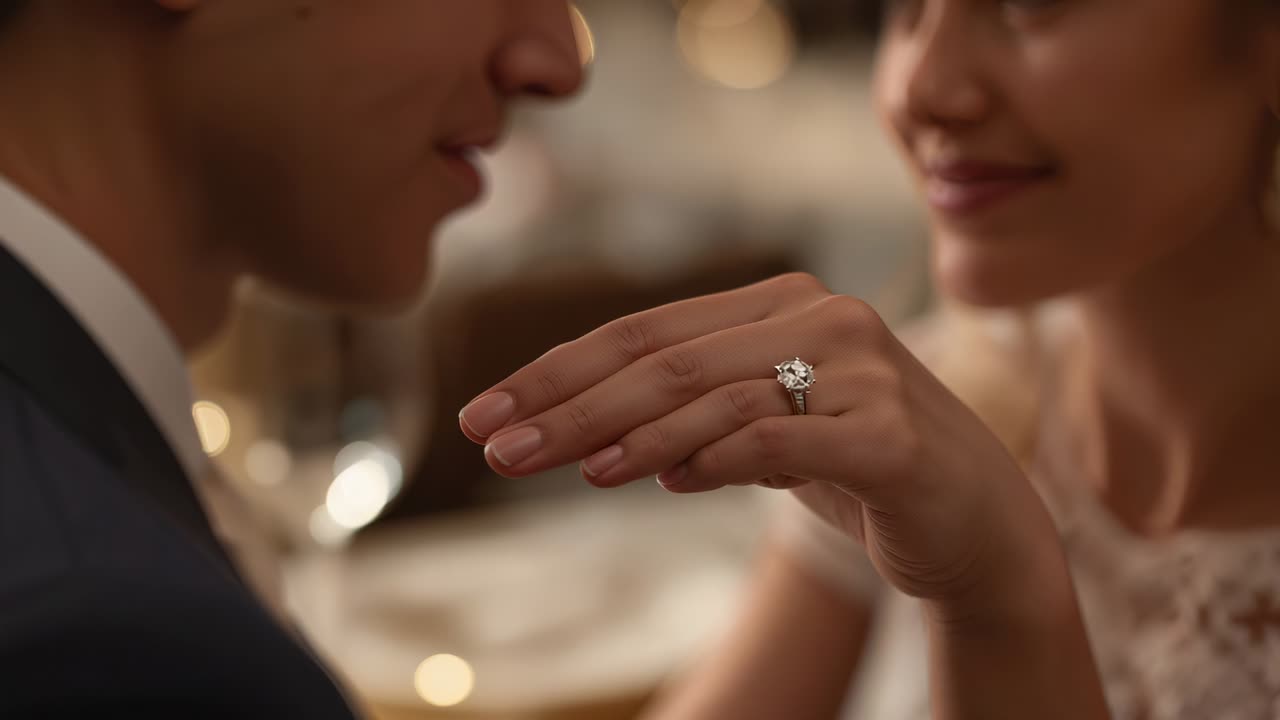 Showing lacy woman rotating hand as camera framing, displaying diamond ring to suited man at table