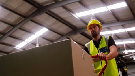 Worker-moving-trolley-of-cardboard-boxes