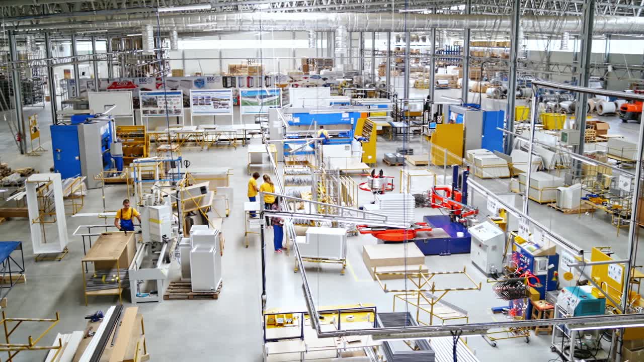 Busy Workshop Interior. Industrial factory for assembly, interior and workers