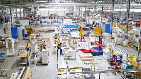 busy workshop interior. industrial factory for assembly, interior and workers