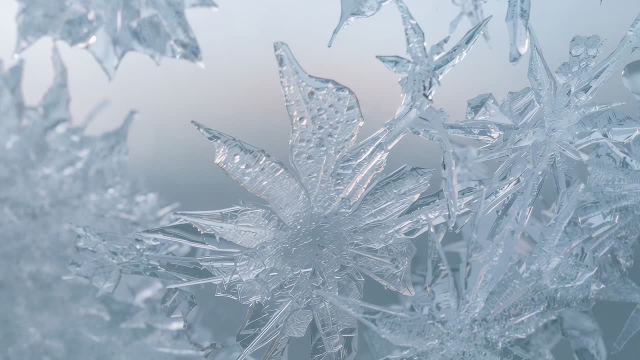 Spostamento della camera per rivelare un gruppo di cristalli di ghiaccio a forma di stella sul vetro della finestra, che mostra le goccioline