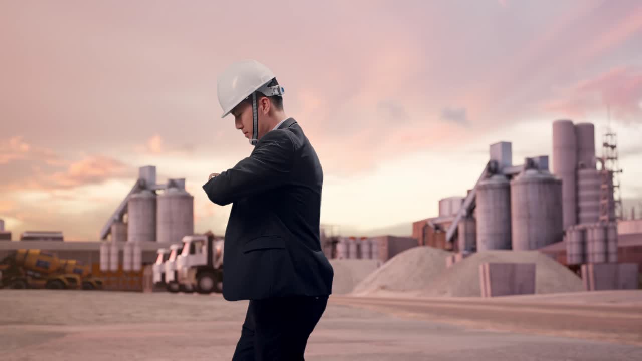 Vista lateral de un empresario asiático caminando, mirando la hora en su reloj en una planta de cemento industrial al atardecer.