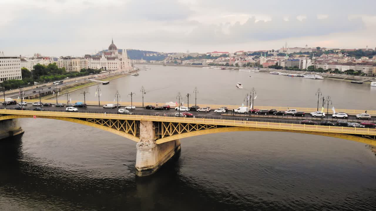 Popular tourist destination in Hungary, Budapest  Margit Hid (Margaret bridge) and House of Parliament (Parlament) filmed by drown