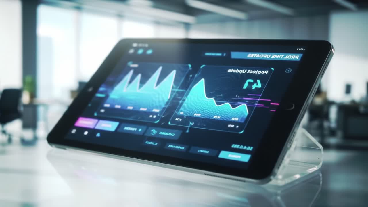 Exploring Dynamic Data Visualization on a Tablet: An Insightful Glimpse into Interactive Dashboards and Real-Time Analytics in a Modern Office Environment