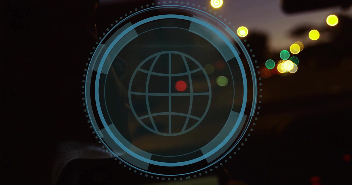 Shield popping starting cyber HUD over windshield dusk, scanning globe finding threats over driver