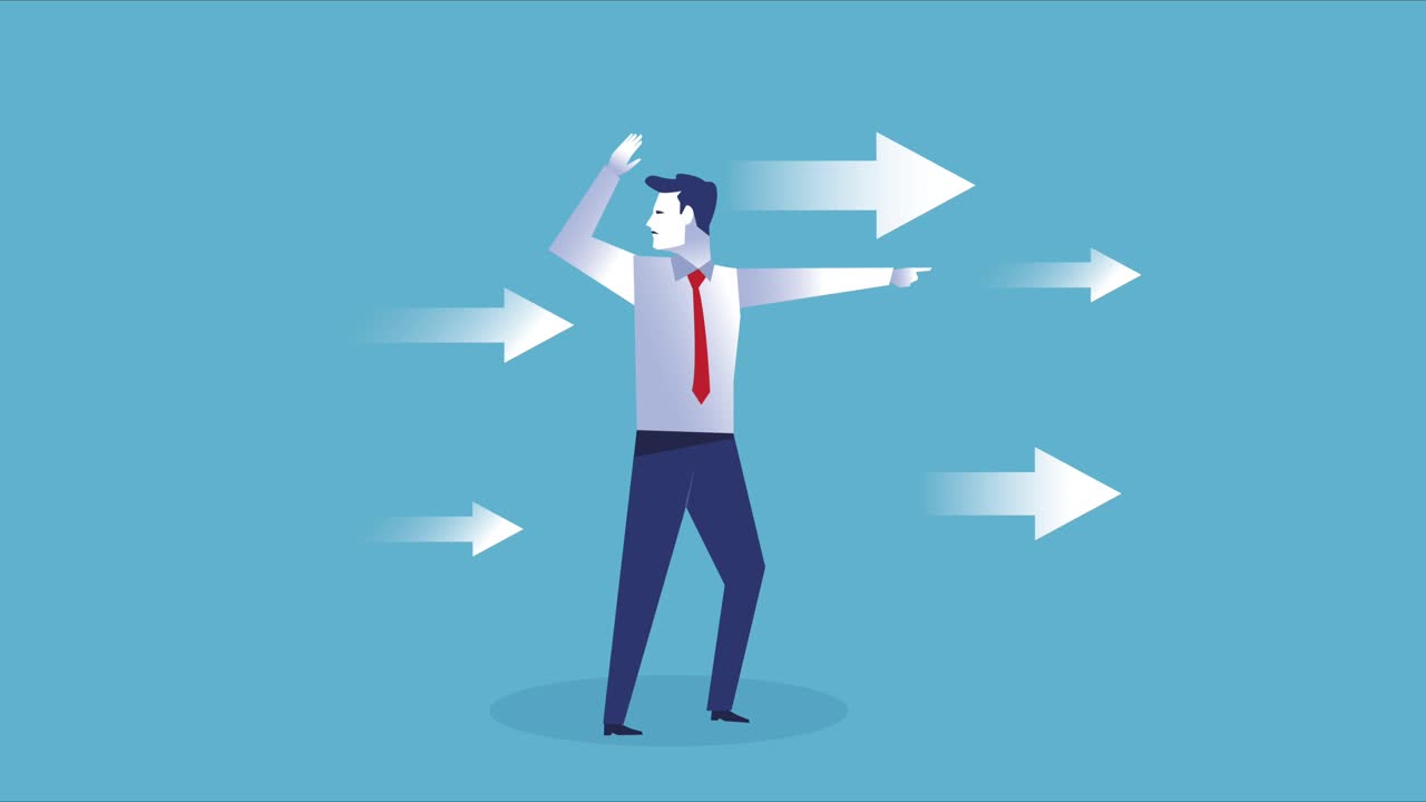 우아한 사업가, 화살표로 인싱하는 노동자