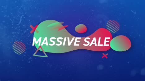 Animation-of-massive-sale-text-in-white-over-green-and-red-shapes-on-blue-background