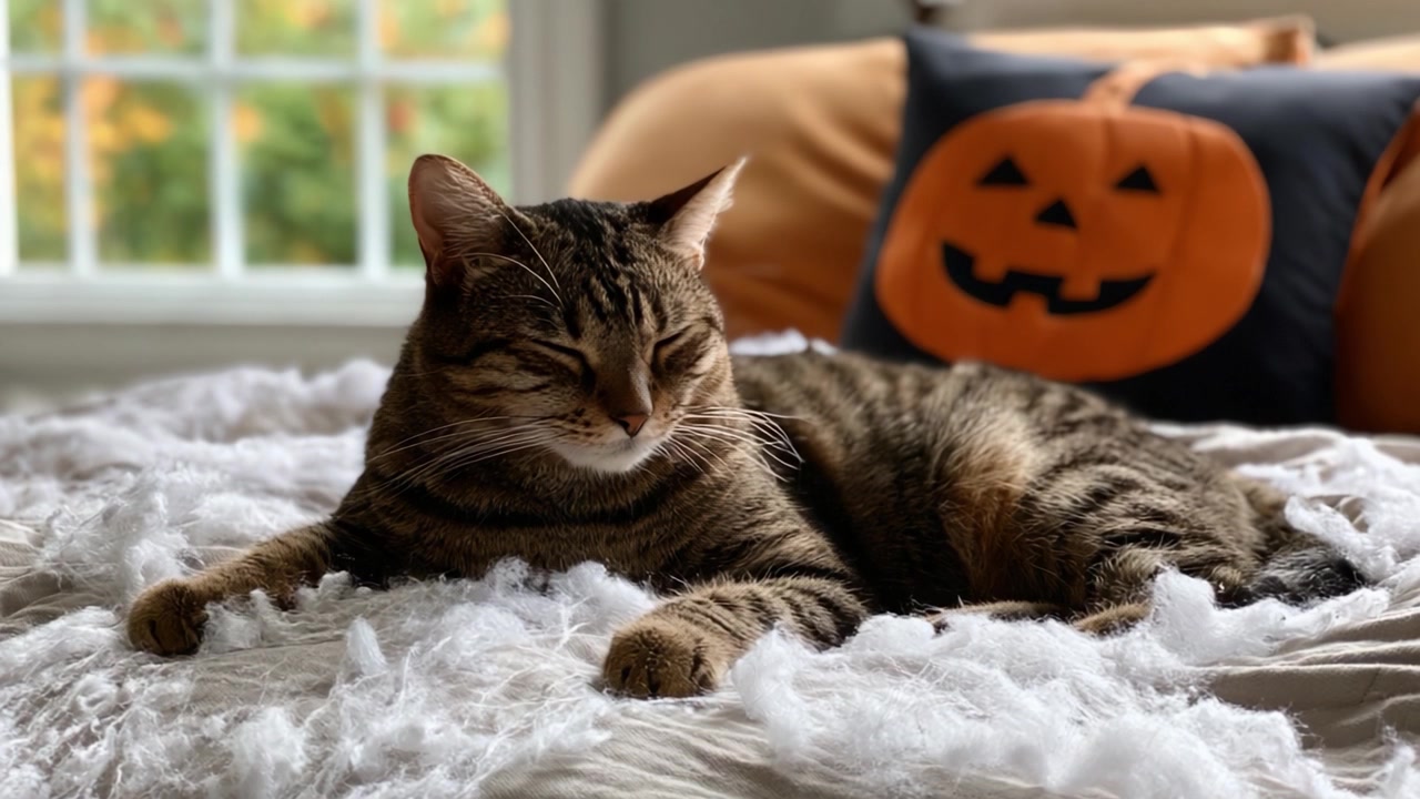 En hyggelig kat, der slapper af på en seng omgivet af Halloween-pynt, med en græskarpude og bløde, luftige tekstiler.