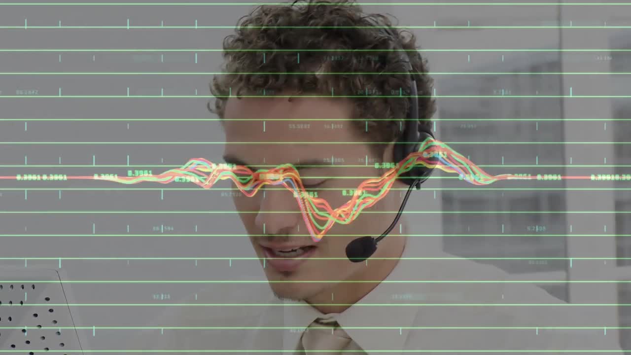 Animazione di elaborazione dati su uomo d'affari che utilizza cuffie telefoniche