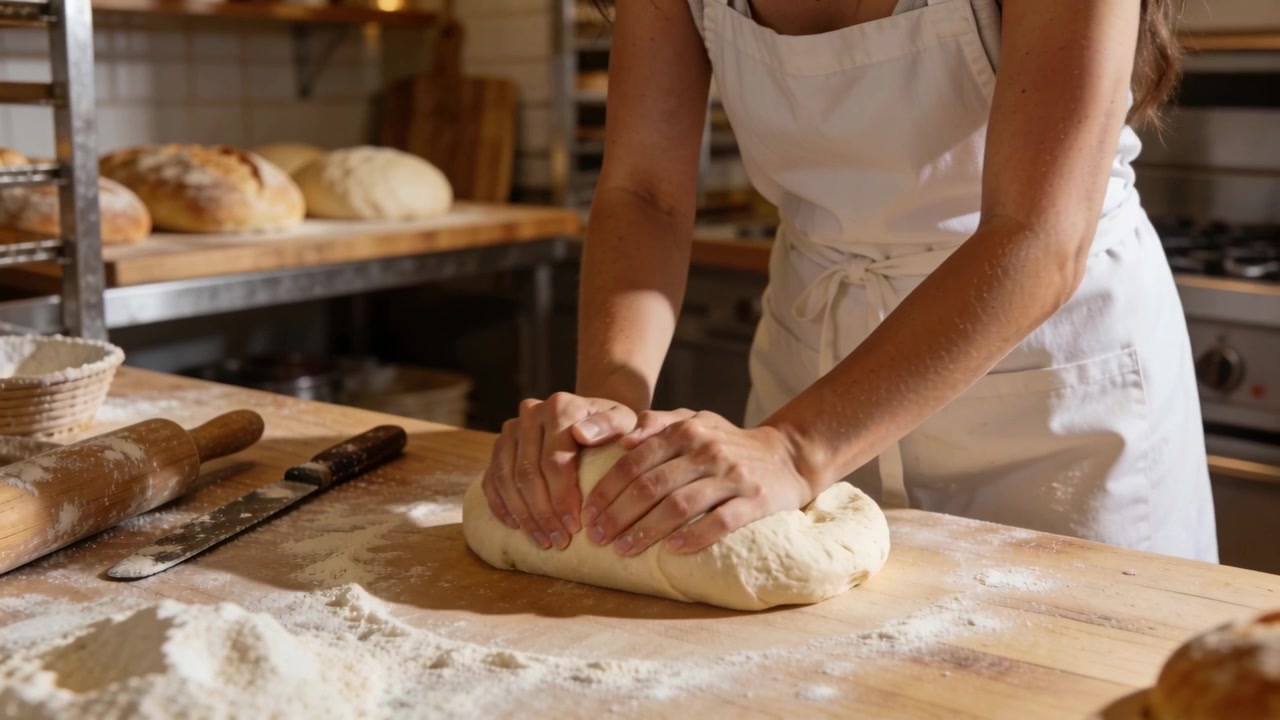 Pressing into floured dough, baker in white apron folding, shaping loaf for baking at bakery bench