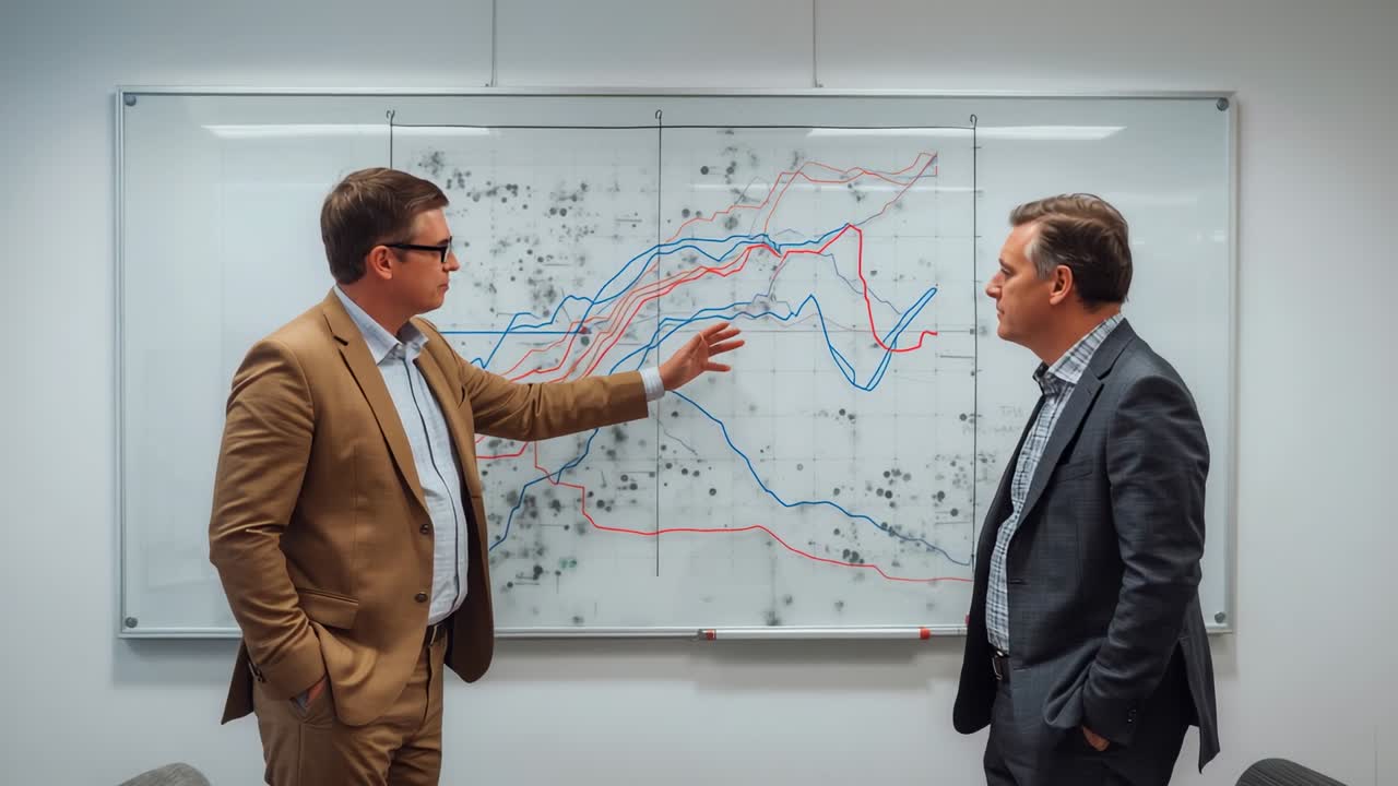 Presenter die uitleg geeft en rood-blauwe lijnen laat zien op een glazen whiteboard tijdens een vergadering, beide in pak, luisterend