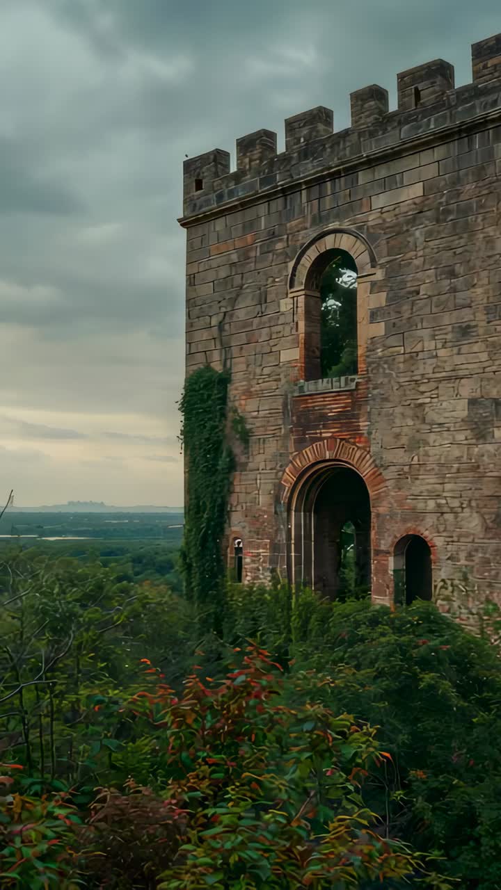 Vertical video: Panning camera revealing masonry tower at hilltop, showing arched entrance and ivy