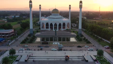 drone footage of songkhla central mosque at sunset in songkhla