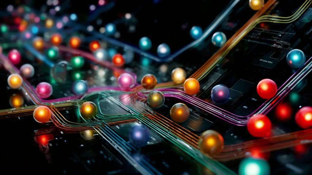 An Intricate Network of Colorful Connecting Paths and Vivid Spheres Representing Data Flow and Digital Connectivity in a Futuristic Technology Landscape