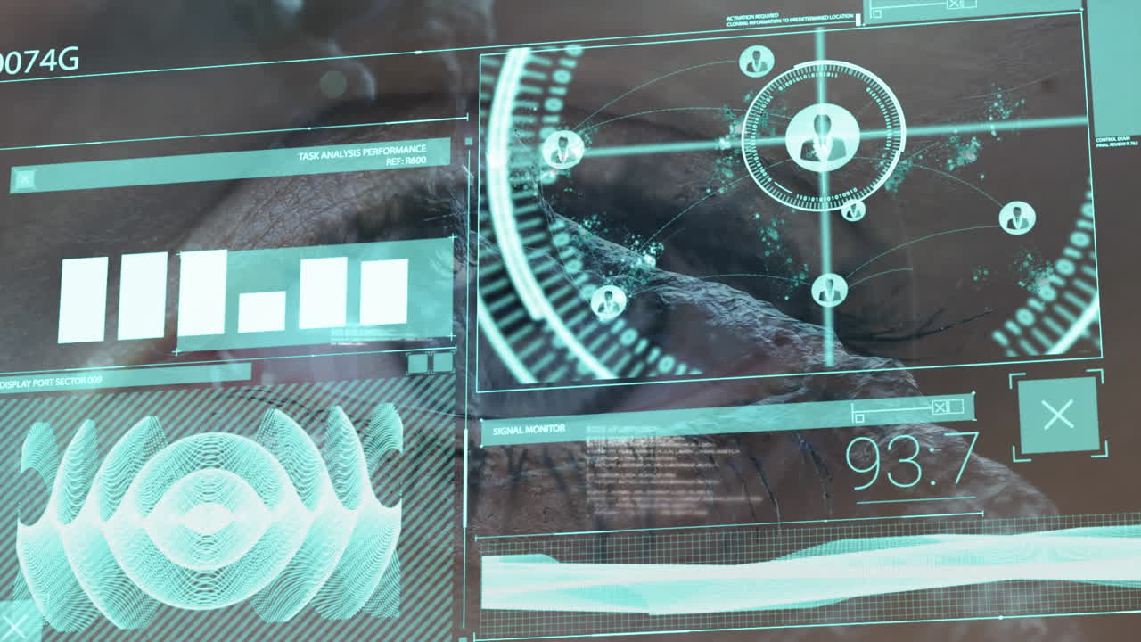 Animation of technology icons over screens with biological data on background with female eye