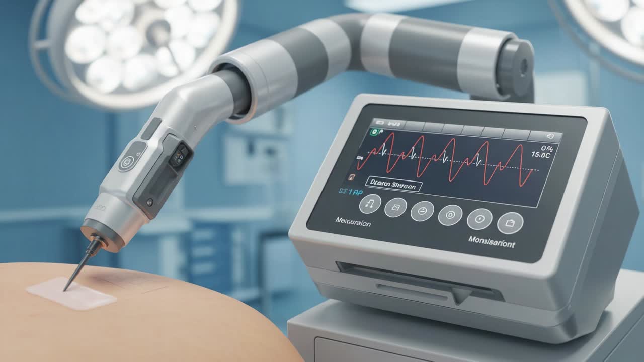 Advanced Surgical Robot Performing Precision Procedure with Real-Time Monitoring Display, Enhancing Surgical Accuracy and Patient Safety in Operating Room Environment