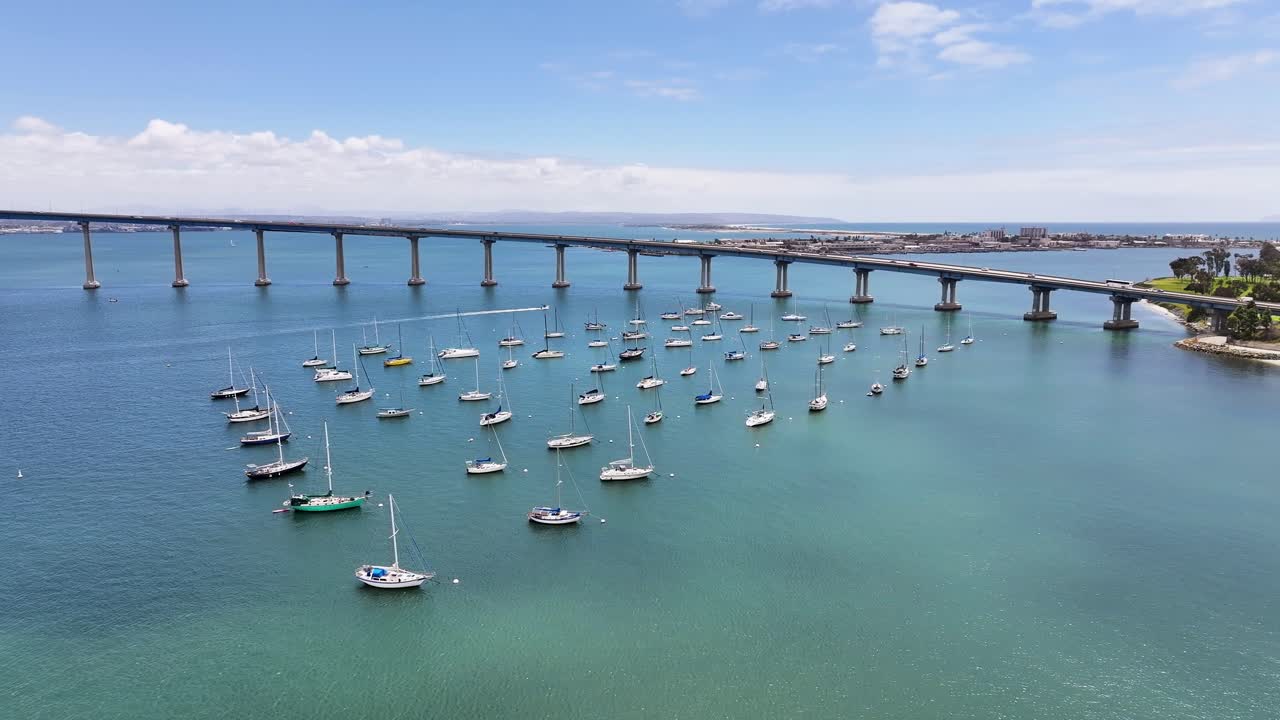 Aerial view of Coronado Bridge and Mooring sailboats on a sunny day
