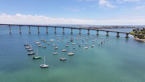 aerial view of coronado bridge and mooring sailboats on a sunny day
