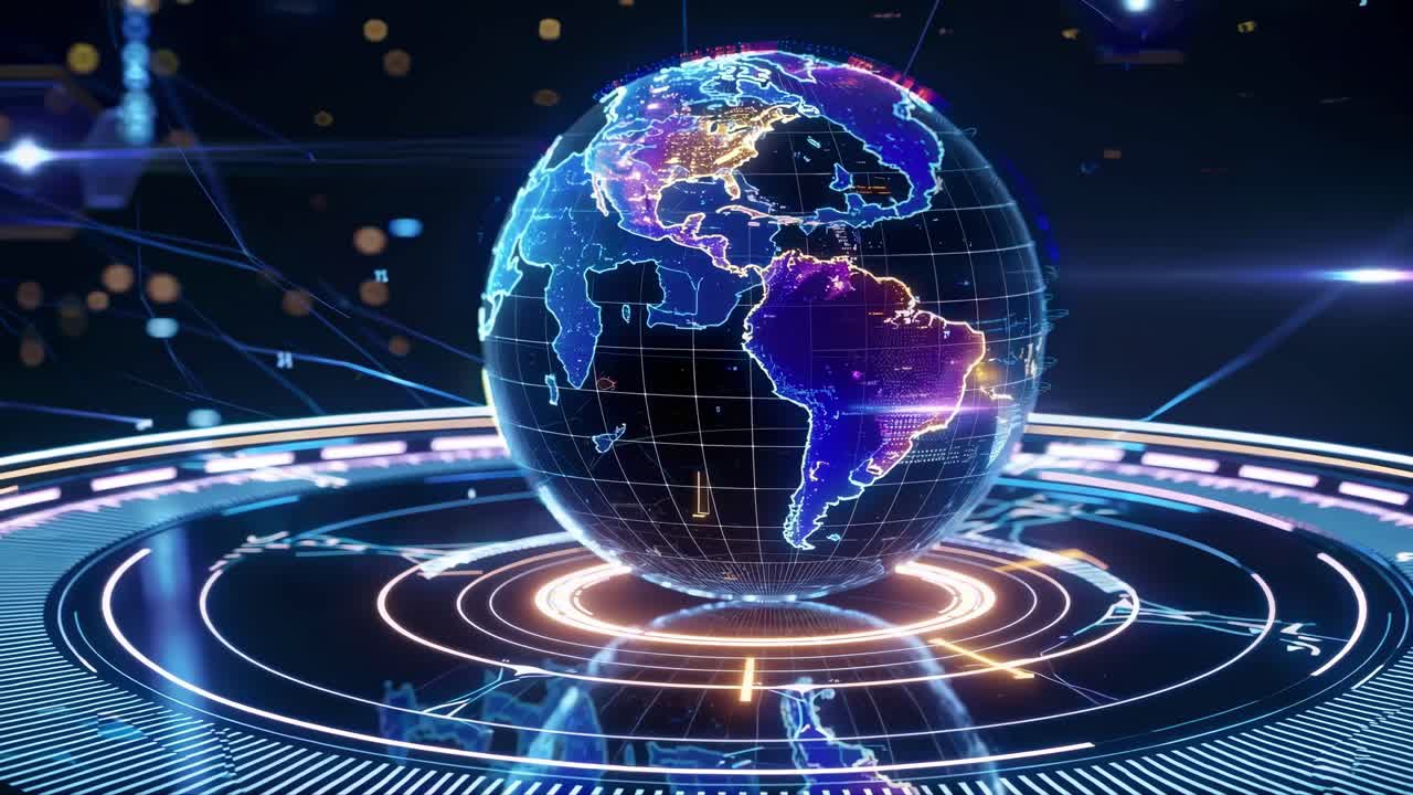 Futuristic video concept of a digital globe with neon lights, viewed from a low angle
