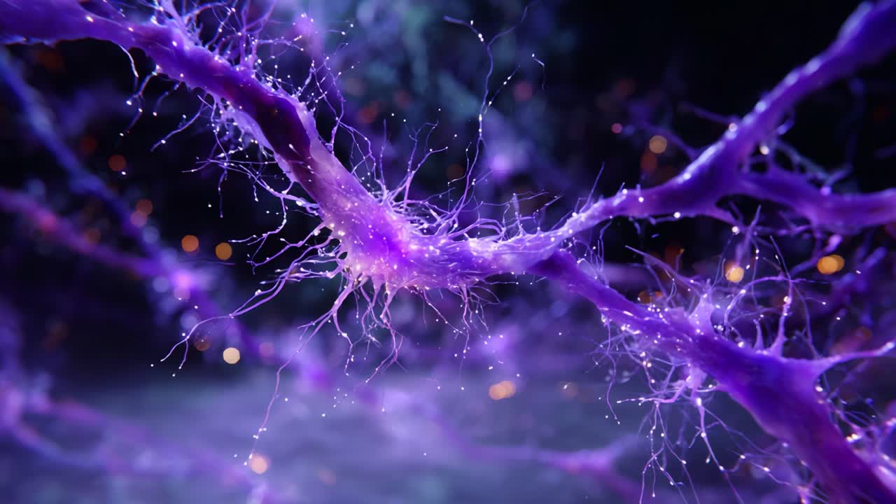 Exploring the Fascinating Complexity of Neural Networks: A Close-Up View of Purple Glowing Neurons in a Dark Background with Twinkling Lights