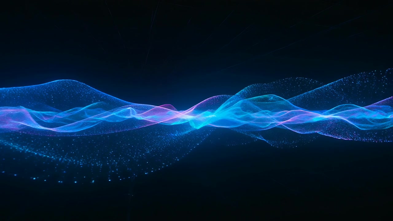 Flowing cyan-magenta ribbons forming translucent layers at void, frames progressing, dotted trails