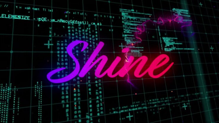 Animation of shine neon text with data processing on black background