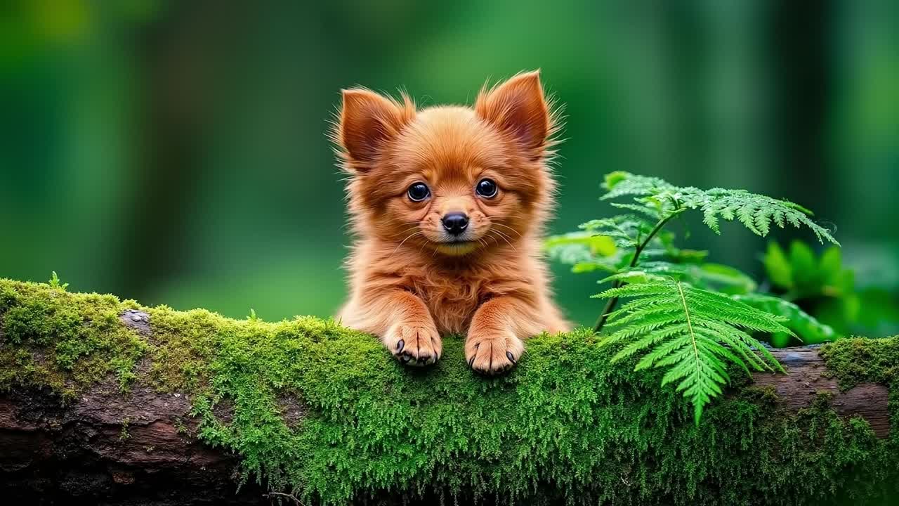 A small brown dog sitting on a moss covered log