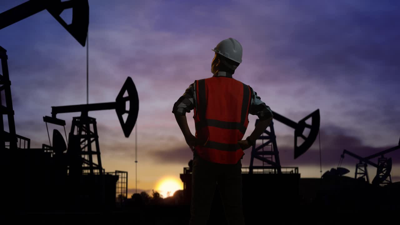 vista posterior de un ingeniero masculino con casco de seguridad mirando a su alrededor mientras está de pie con los brazos akimbo frente a las bombas de petróleo, durante la puesta o salida del sol