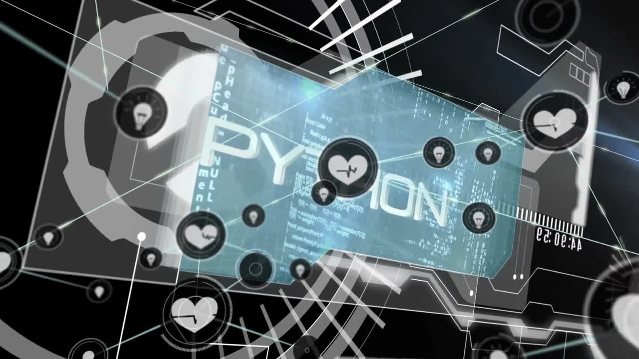 검은 바탕에서 범위 스캐닝과 데이터 처리에 대한 연결 네트워크의 애니메이션