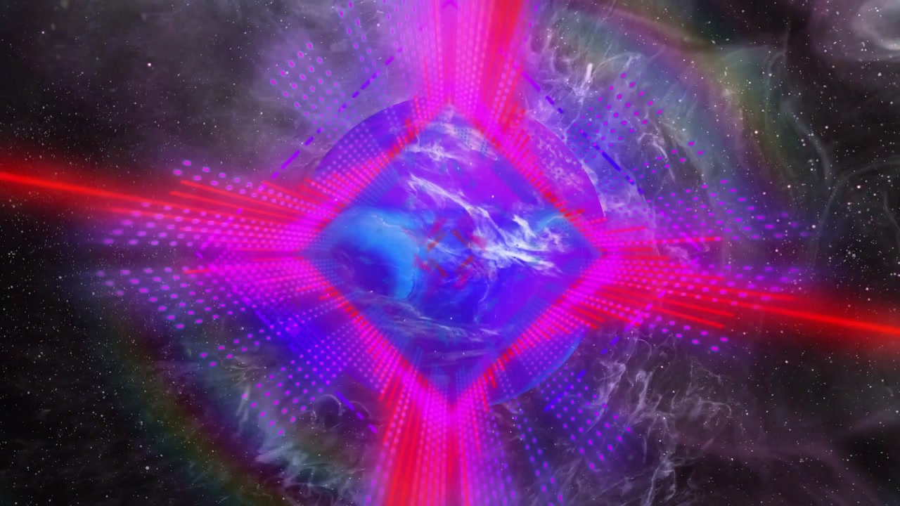 Red burst initiating frames, blue globe pulsing, cyan and red frames forming, focusing globe