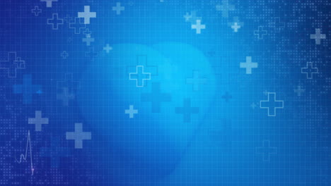 moving geometric symbols of crosses and pluses. blue abstract background with large pixelated squares. medical screensaver with heart pulse line. looped animation.