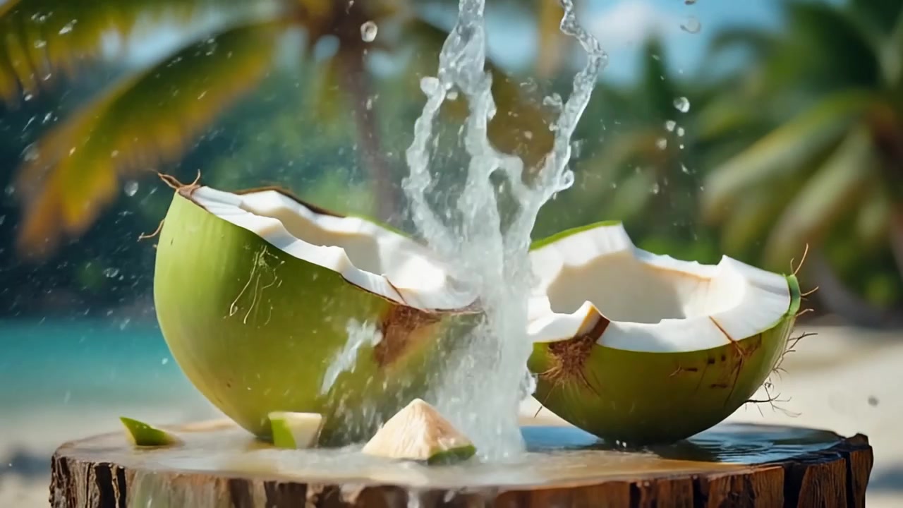 Axe Splitting Fresh Green Coconut on Tropical Beach