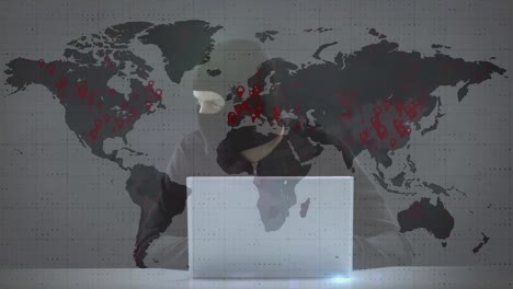 animation of world map over hacker with laptop