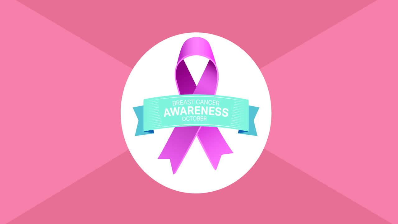 핑크색 리본 로고와 핑크색 배경에 나타나는 유방암 텍스트의 애니메이션